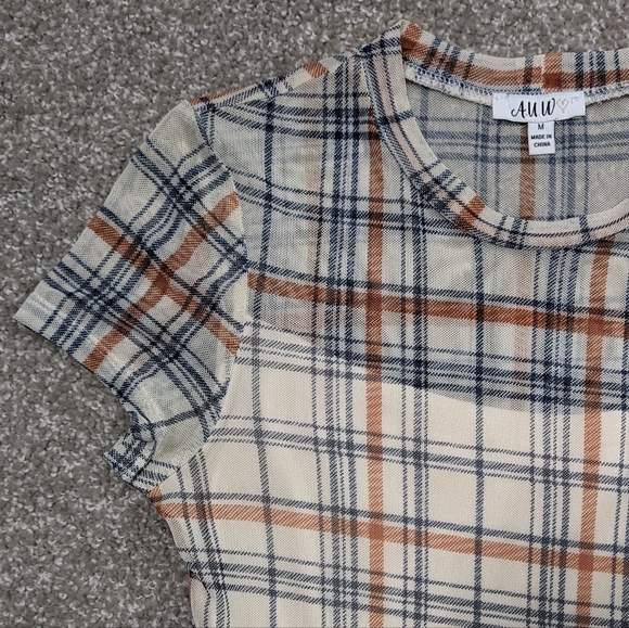 AUW sheer lined cream and rust plaid fit and flare midi dress - Picture 11 of 16